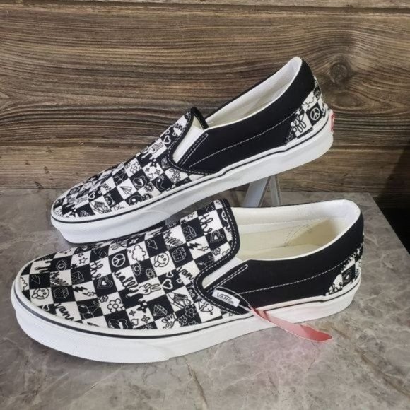 Vans Other - New Vans Classic Slip On Doodle Checkerboard Black White Sneakers